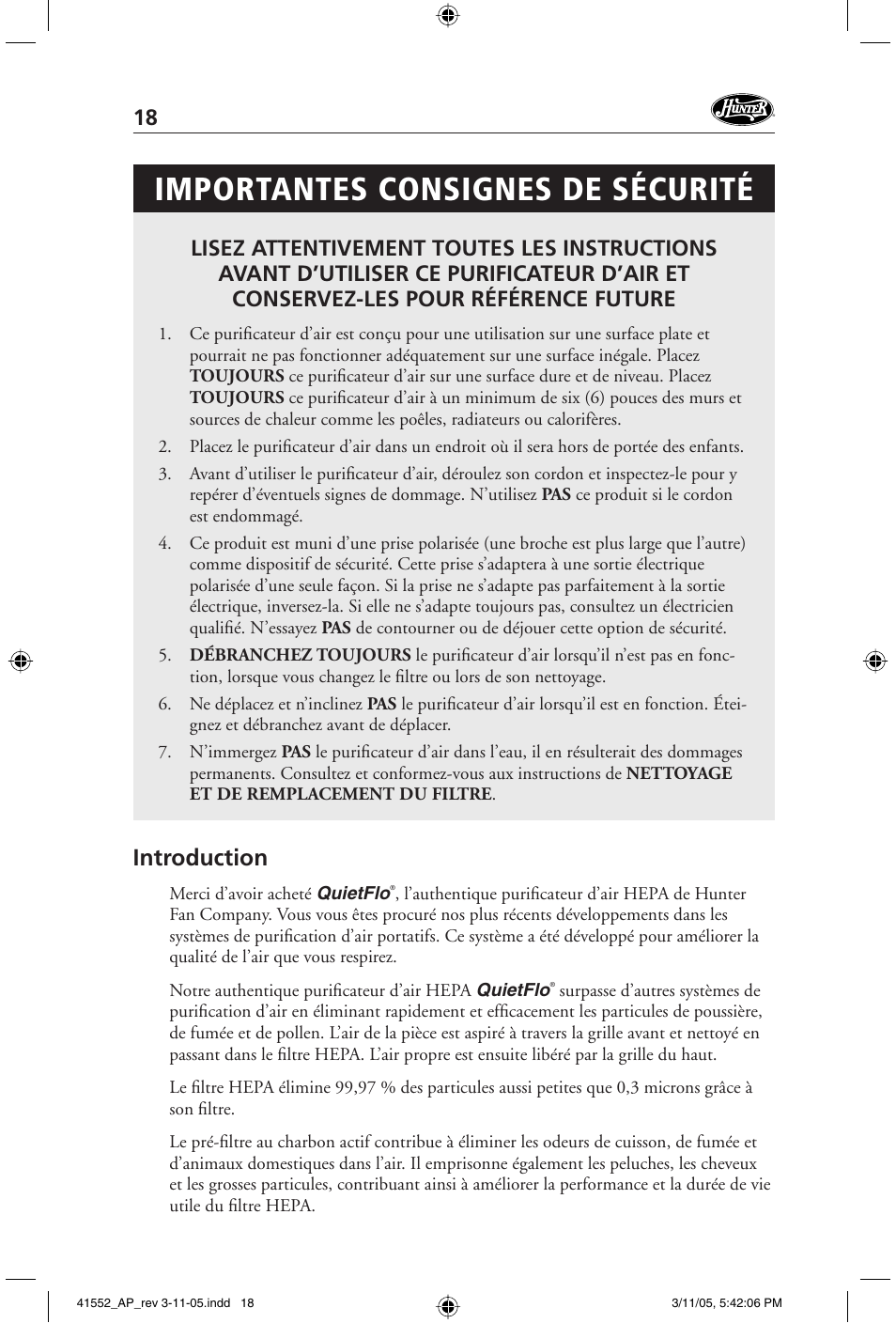 Importantes consignes de sécurité, Introduction | Hunter Fan 30090 User Manual | Page 18 / 24