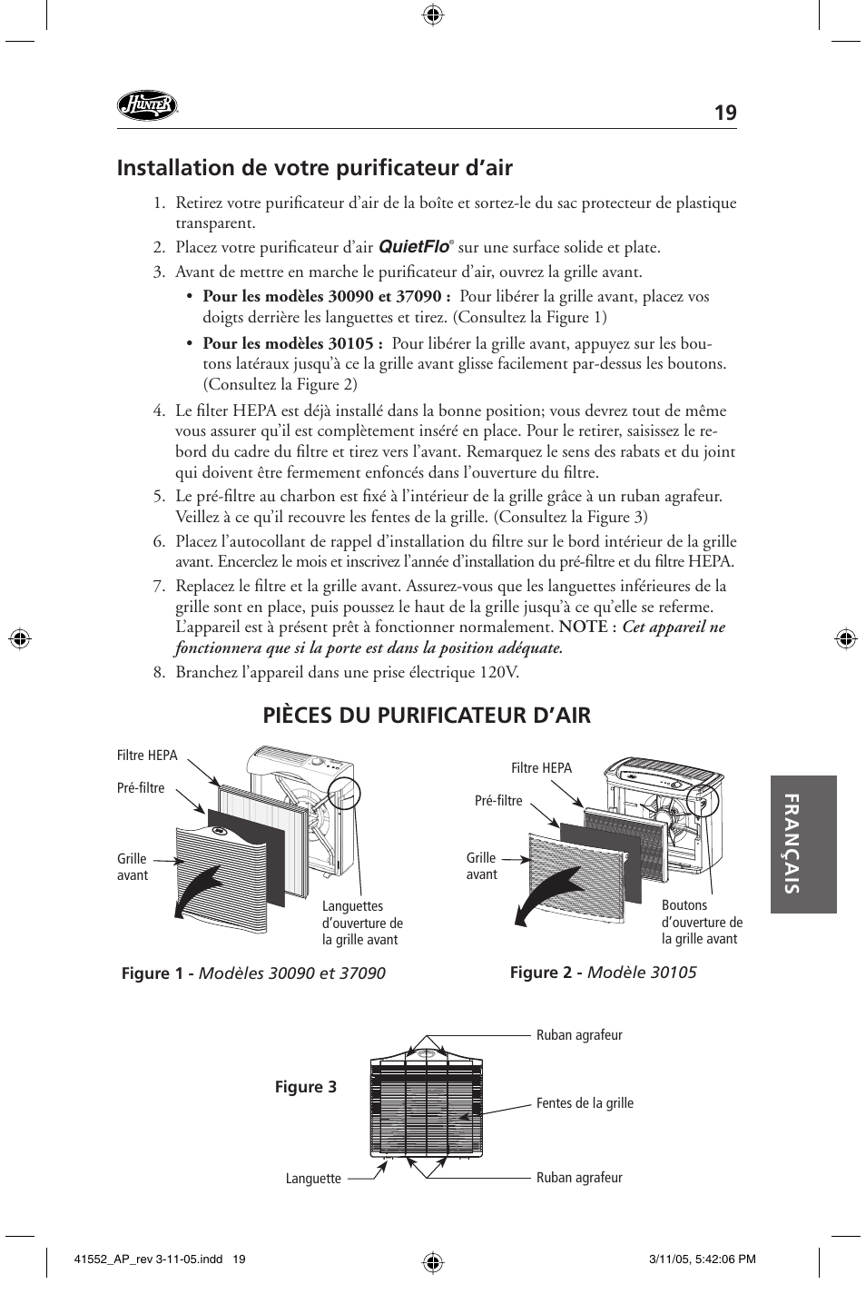 Installation de votre purifi cateur d’air, Pièces du purificateur d’air, Français | Hunter Fan 30090 User Manual | Page 19 / 24