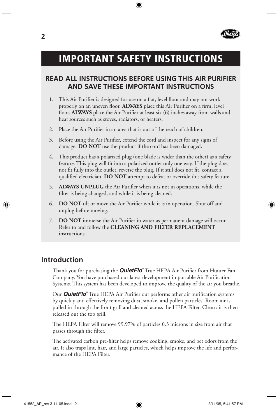 Important safety instructions, Introduction | Hunter Fan 30090 User Manual | Page 2 / 24