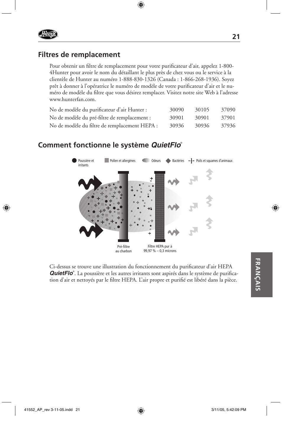 Filtres de remplacement, Comment fonctionne le système quietflo, Français | Hunter Fan 30090 User Manual | Page 21 / 24