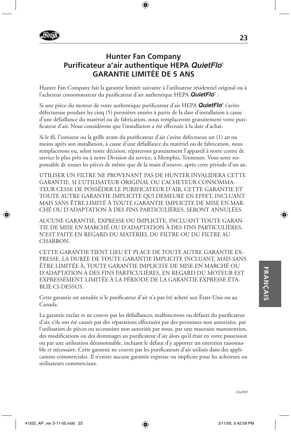 Garantie limitée de 5 ans, Français | Hunter Fan 30090 User Manual | Page 23 / 24