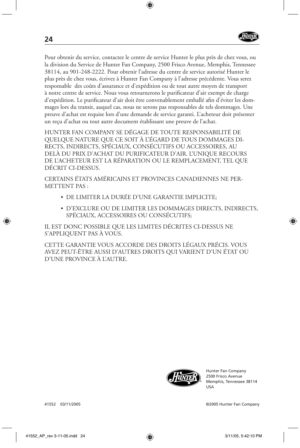 Hunter Fan 30090 User Manual | Page 24 / 24