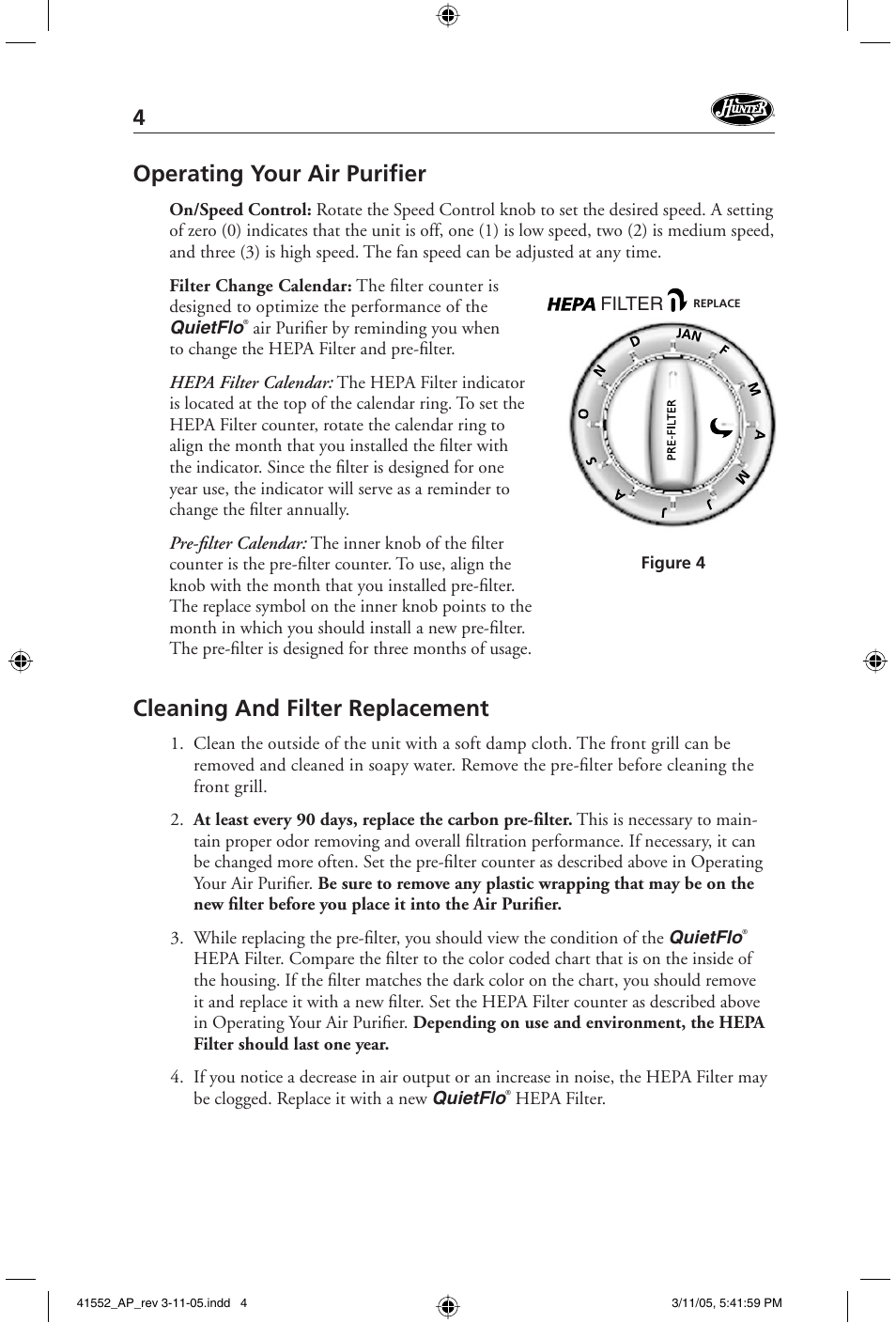 Operating your air purifi er, Cleaning and filter replacement | Hunter Fan 30090 User Manual | Page 4 / 24