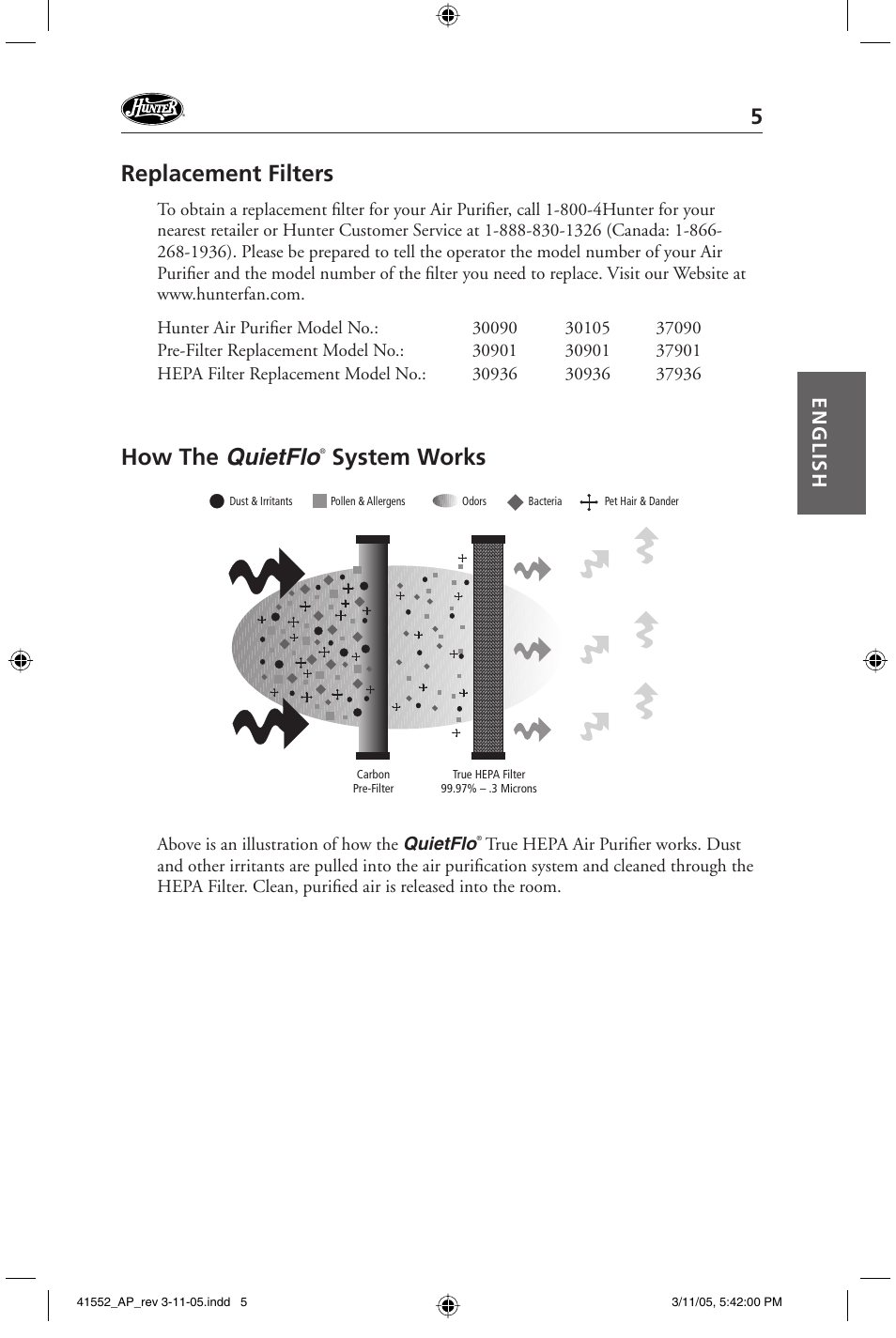 Replacement filters, How the quietflo, System works | English | Hunter Fan 30090 User Manual | Page 5 / 24