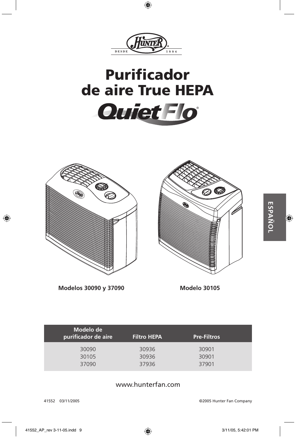 Purifi cador de aire true hepa | Hunter Fan 30090 User Manual | Page 9 / 24