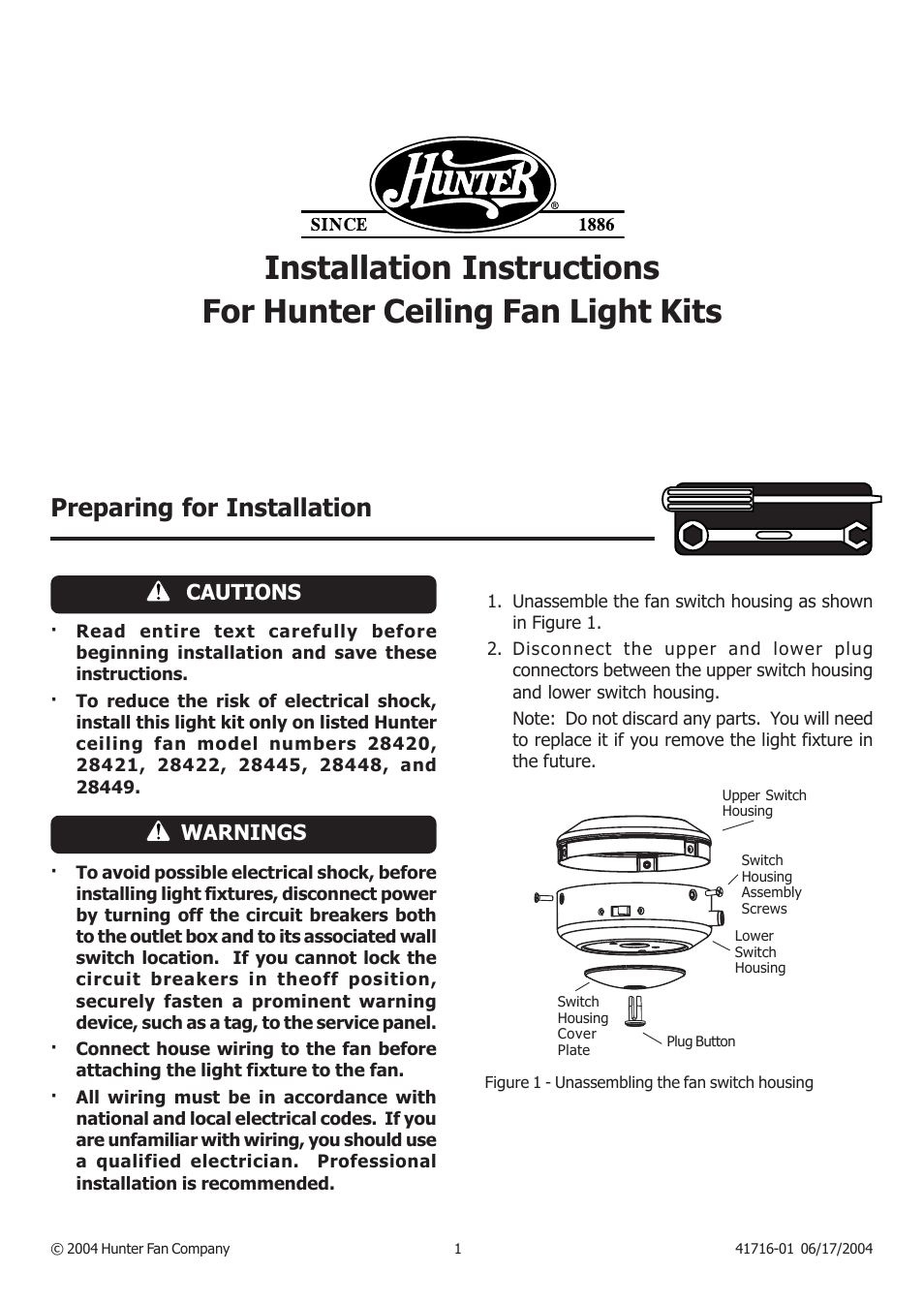 Hunter Fan 28420 User Manual | 3 pages