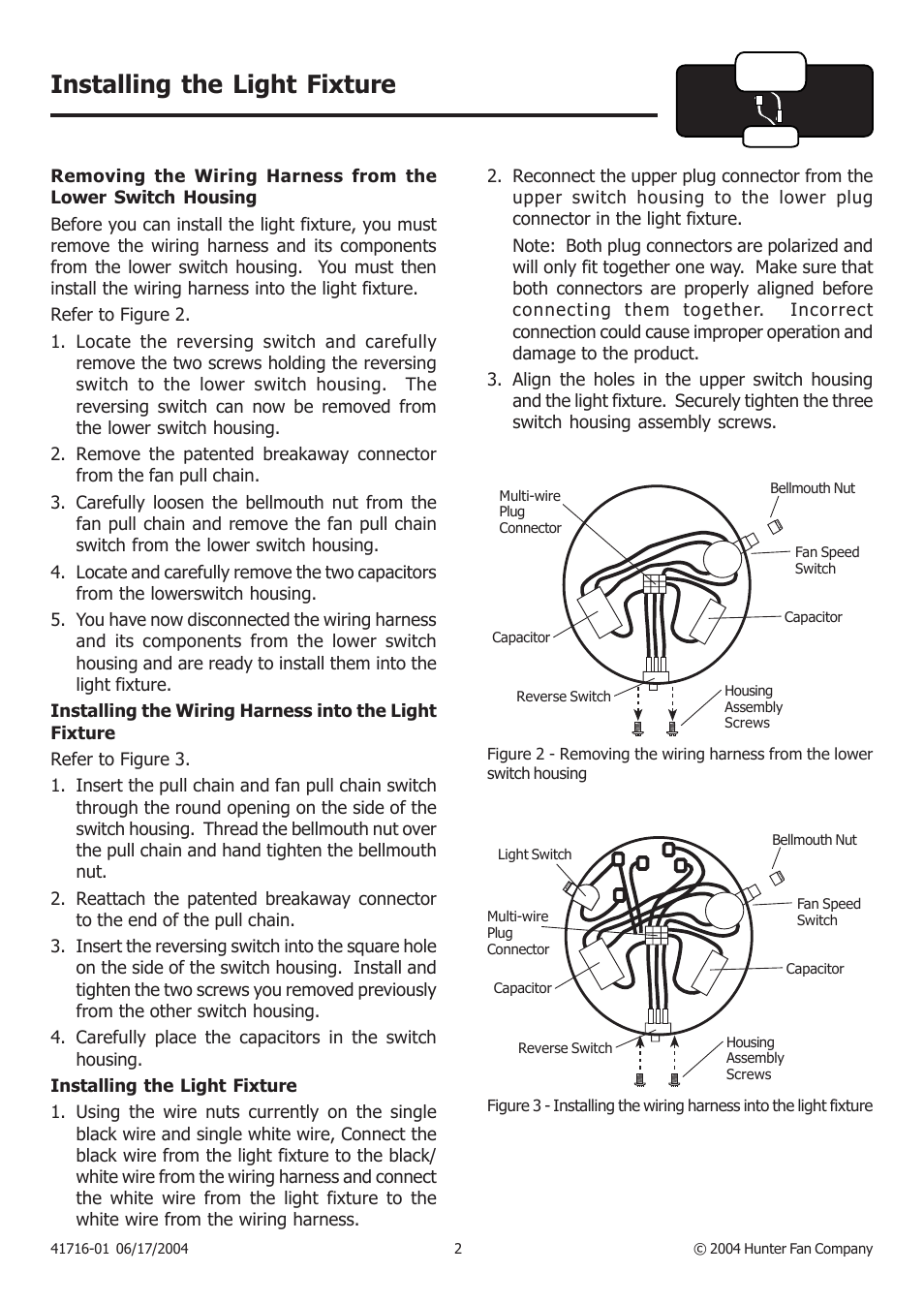 Installing the light fixture | Hunter Fan 28420 User Manual | Page 2 / 3