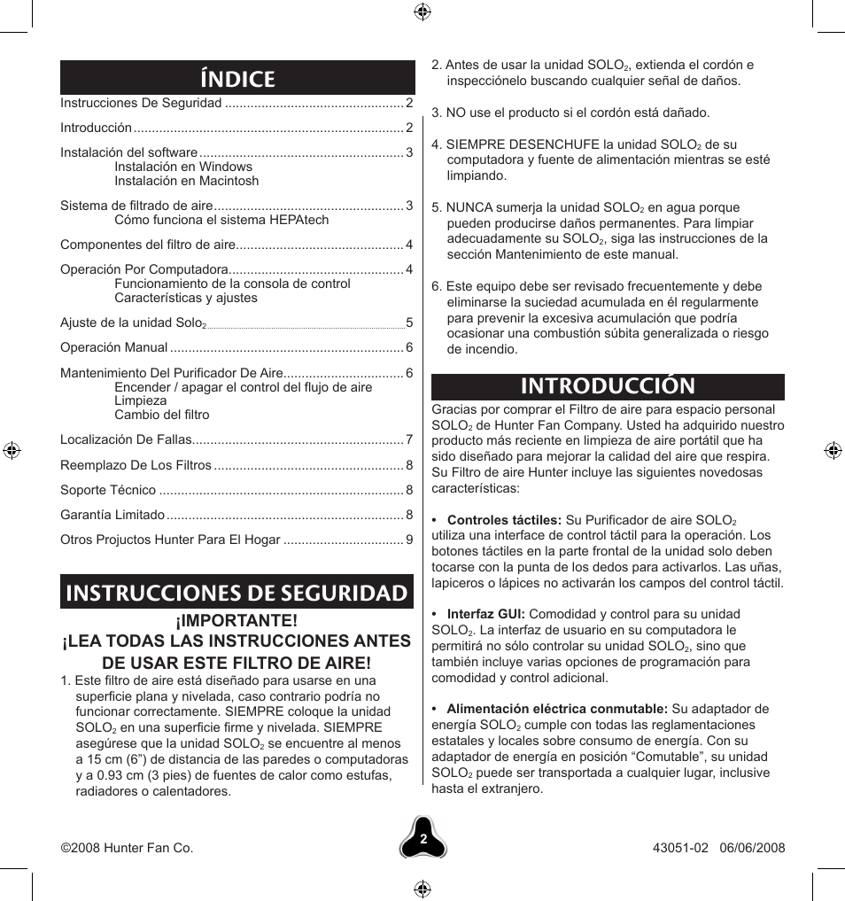 Índice introducción, Instrucciones de seguridad | Hunter Fan SOLO2 30038 User Manual | Page 12 / 20