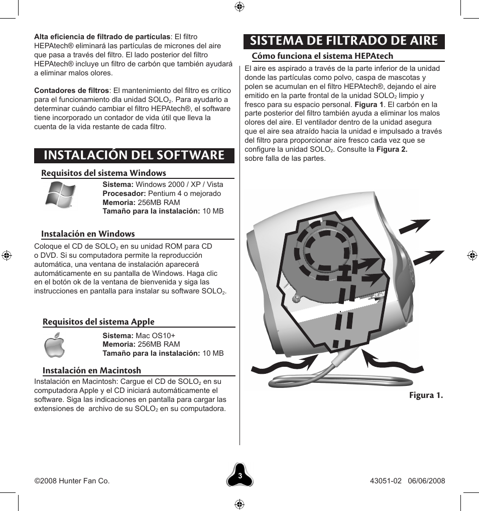 Instalación del software, Instalación en windows, Instalación en macintosh | Sistema de filtrado de aire, Cómo funciona el sistema hepatech, Requisitos del sistema windows, Figura 1 | Hunter Fan SOLO2 30038 User Manual | Page 13 / 20