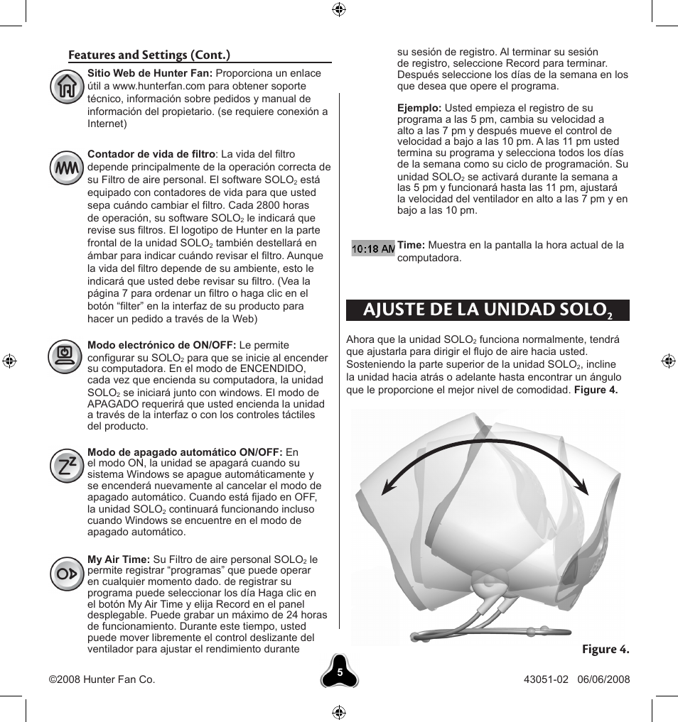 Ajuste de la unidad solo, Features and settings (cont.), Figure 4 | Hunter Fan SOLO2 30038 User Manual | Page 15 / 20