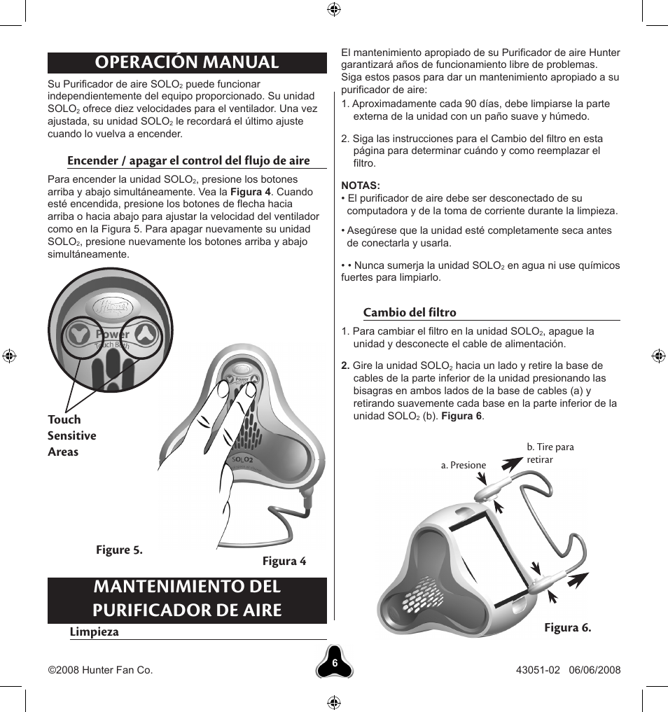 Encender / apagar el control del flujo de aire, Limpieza, Cambio del filtro | Figura 6 | Hunter Fan SOLO2 30038 User Manual | Page 16 / 20