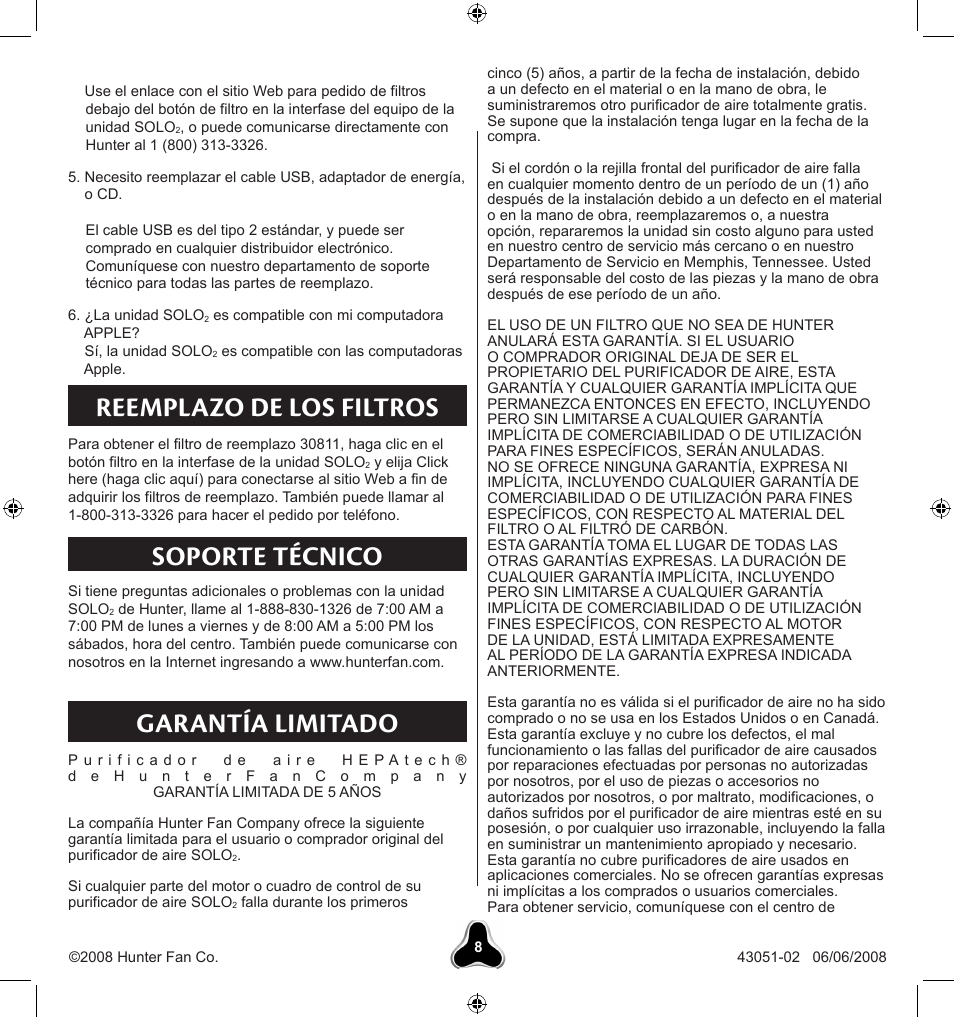 Garantía limitado soporte técnico, Reemplazo de los filtros | Hunter Fan SOLO2 30038 User Manual | Page 18 / 20