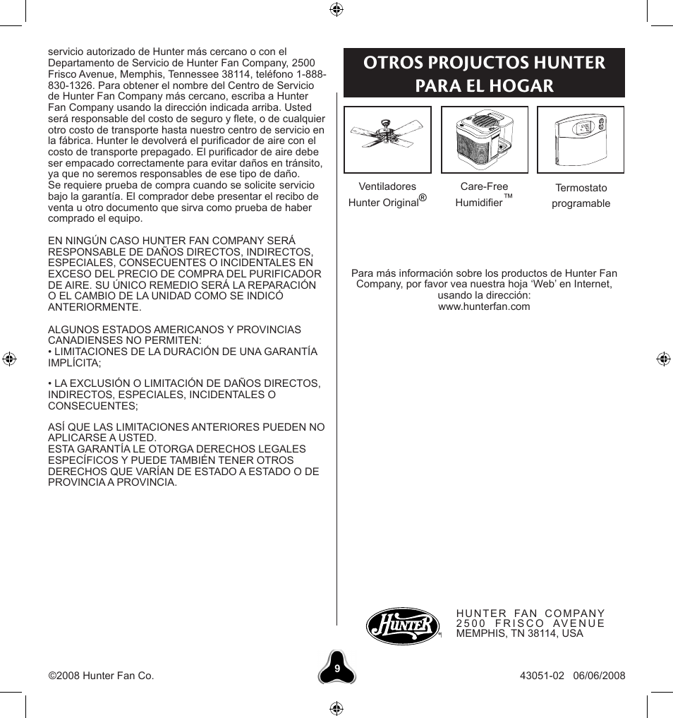 Otros projuctos hunter para el hogar | Hunter Fan SOLO2 30038 User Manual | Page 19 / 20