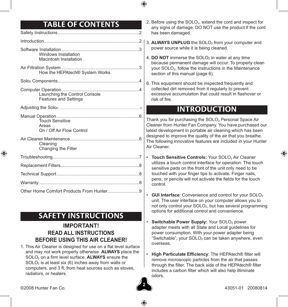 Table of contents safety instructions, Introduction | Hunter Fan SOLO2 30038 User Manual | Page 2 / 20