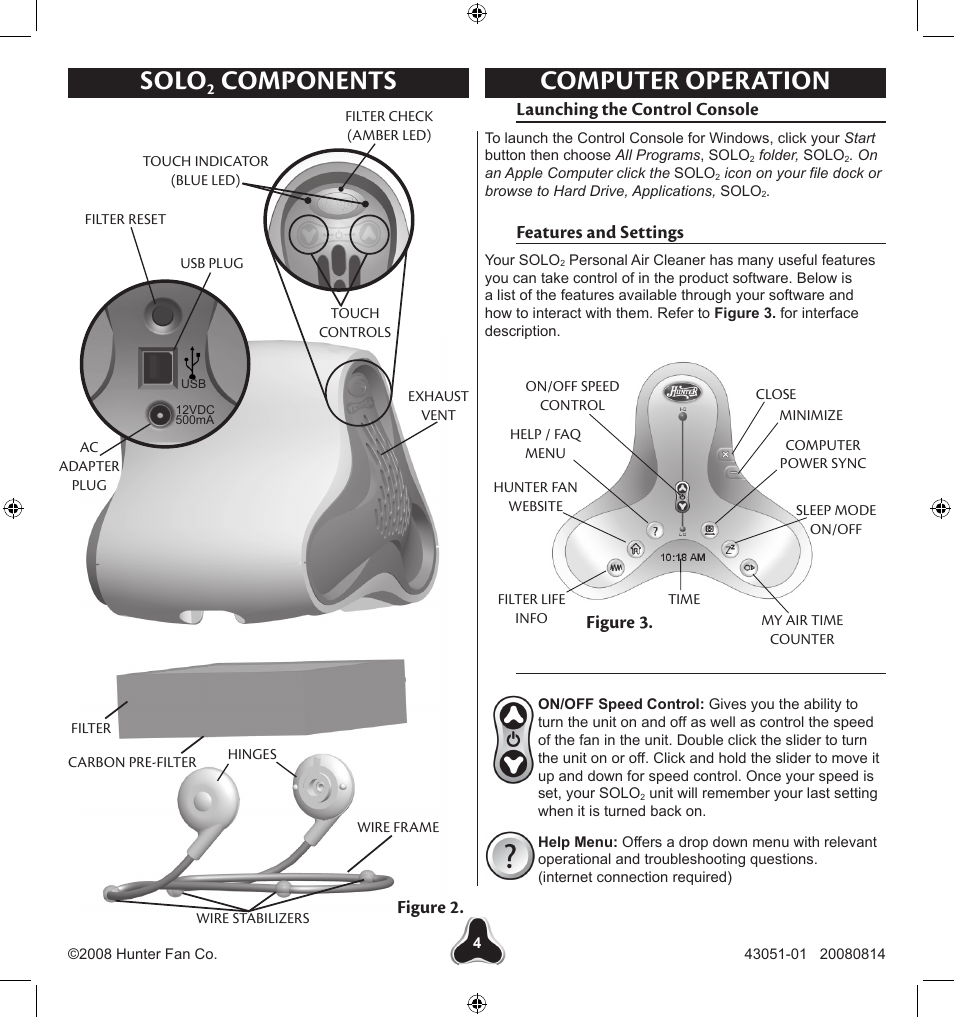 Solo, Components, Computer operation | Launching the control console, Features and settings, Figure 3, Figure 2 | Hunter Fan SOLO2 30038 User Manual | Page 4 / 20