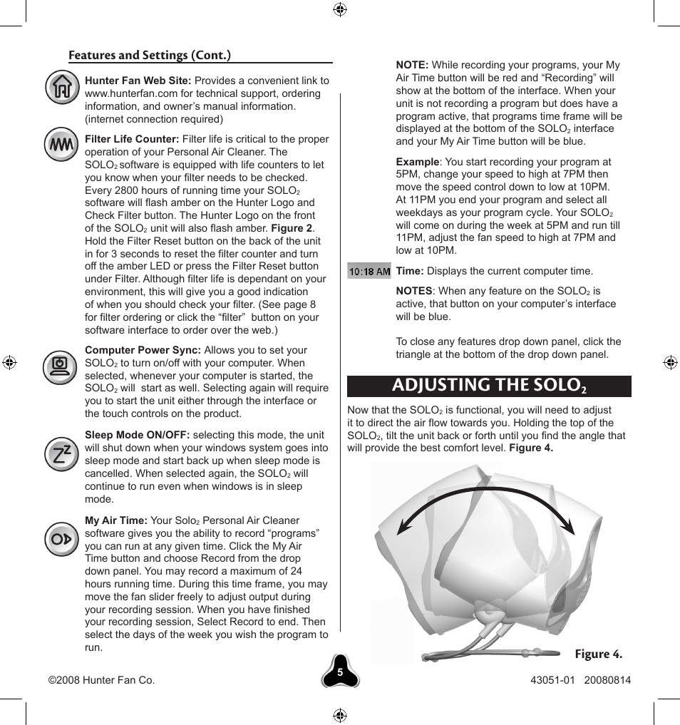 Adjusting the solo, Features and settings (cont.), Figure 4 | Hunter Fan SOLO2 30038 User Manual | Page 5 / 20
