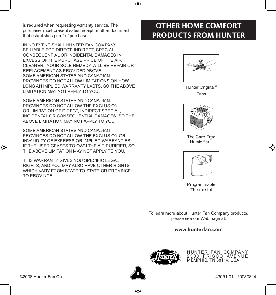 Other home comfort products from hunter | Hunter Fan SOLO2 30038 User Manual | Page 9 / 20