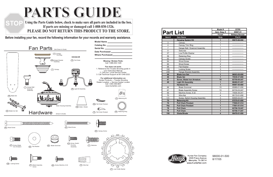 Parts guide, Part list, Fan parts | Hardware, Please do not return this product to the store | Hunter Fan 23785 User Manual | Page 2 / 4