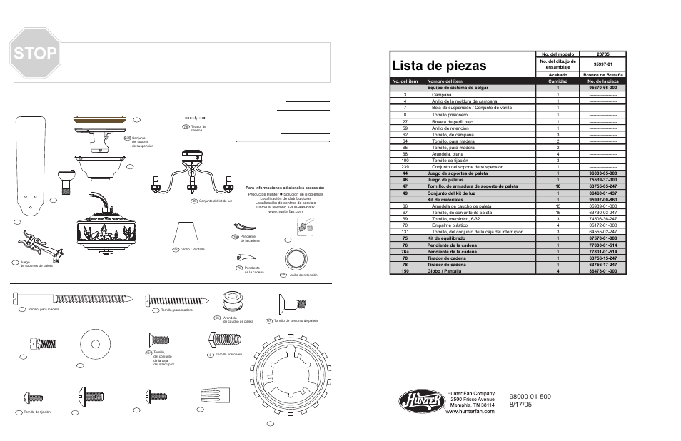 Gu guíía a de piezas de piezas guía de piezas, Lista de piezas, Materiales | Piezas del ventilador | Hunter Fan 23785 User Manual | Page 3 / 4