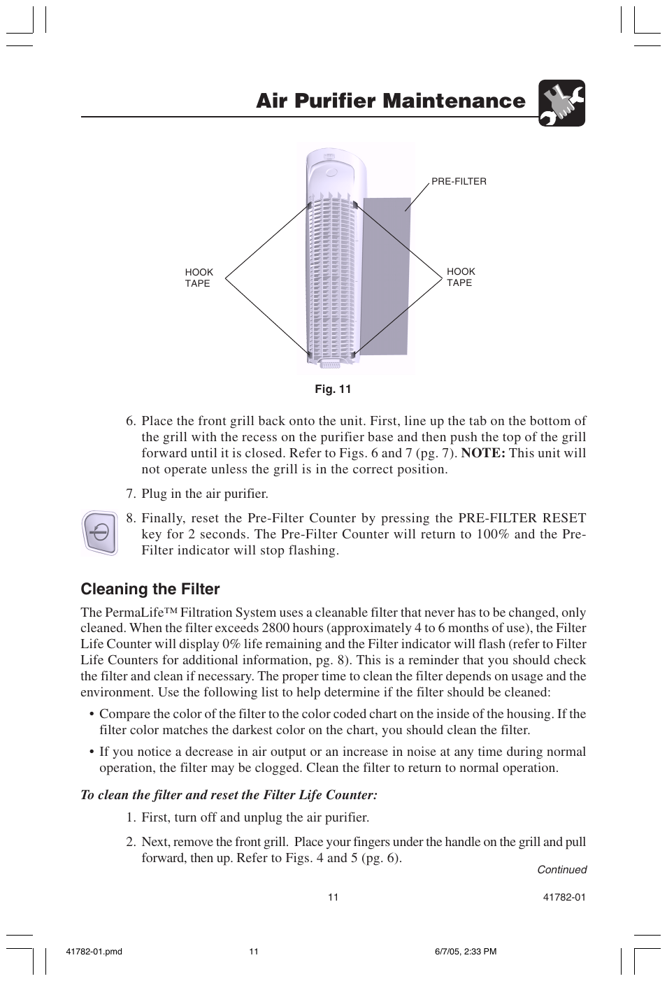 Air purifier maintenance, Cleaning the filter | Hunter Fan PERMALIFE 30750 User Manual | Page 11 / 17