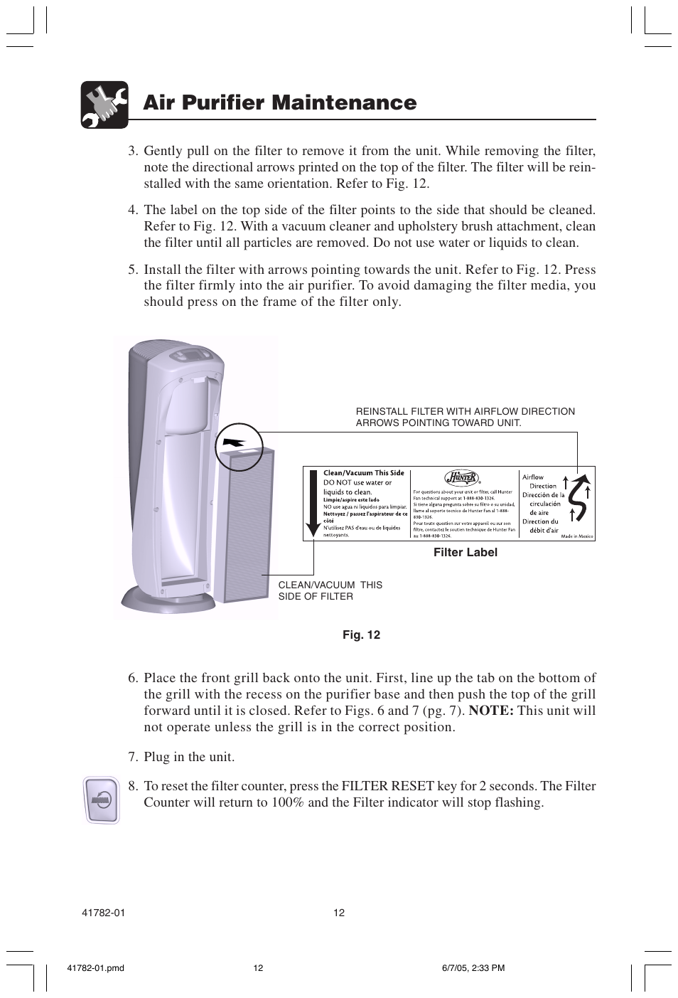 Air purifier maintenance | Hunter Fan PERMALIFE 30750 User Manual | Page 12 / 17