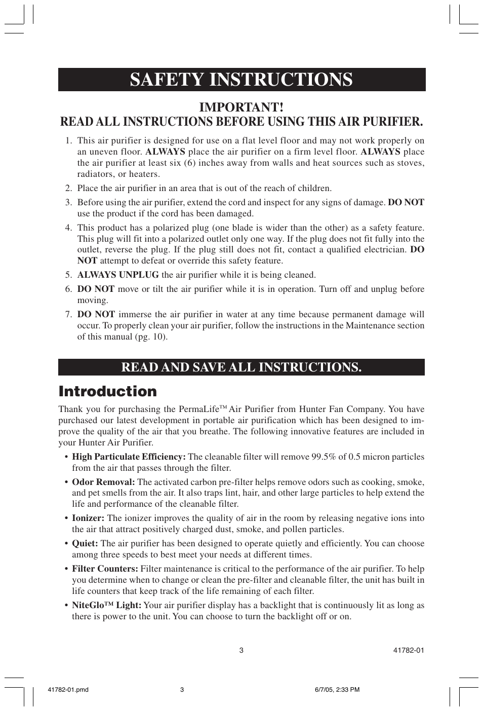 Safety instructions, Introduction, Read and save all instructions | Hunter Fan PERMALIFE 30750 User Manual | Page 3 / 17