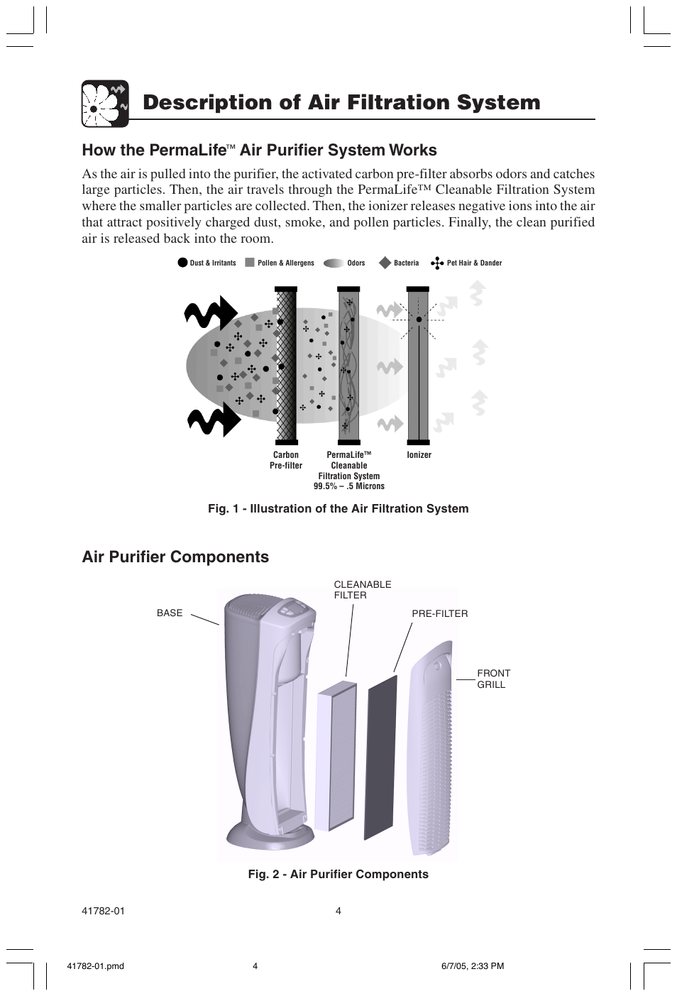 Description of air filtration system, Air purifier components, How the permalife | Air purifier system works | Hunter Fan PERMALIFE 30750 User Manual | Page 4 / 17