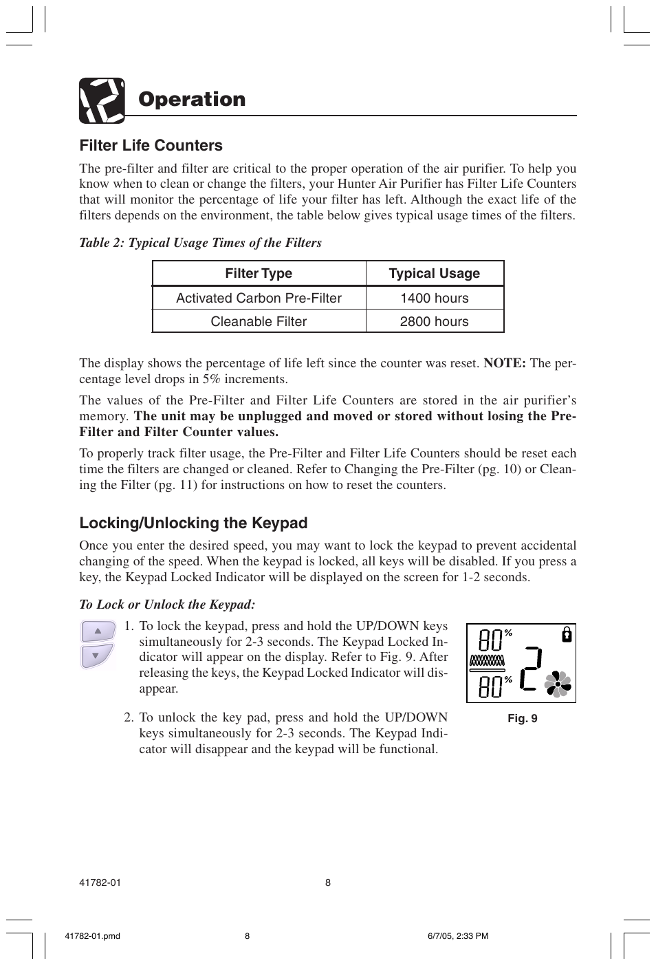 Operation, Filter life counters, Locking/unlocking the keypad | Hunter Fan PERMALIFE 30750 User Manual | Page 8 / 17