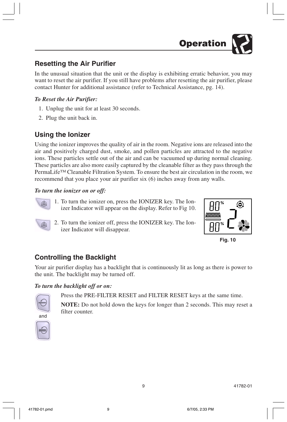 Operation, Resetting the air purifier, Using the ionizer | Controlling the backlight | Hunter Fan PERMALIFE 30750 User Manual | Page 9 / 17