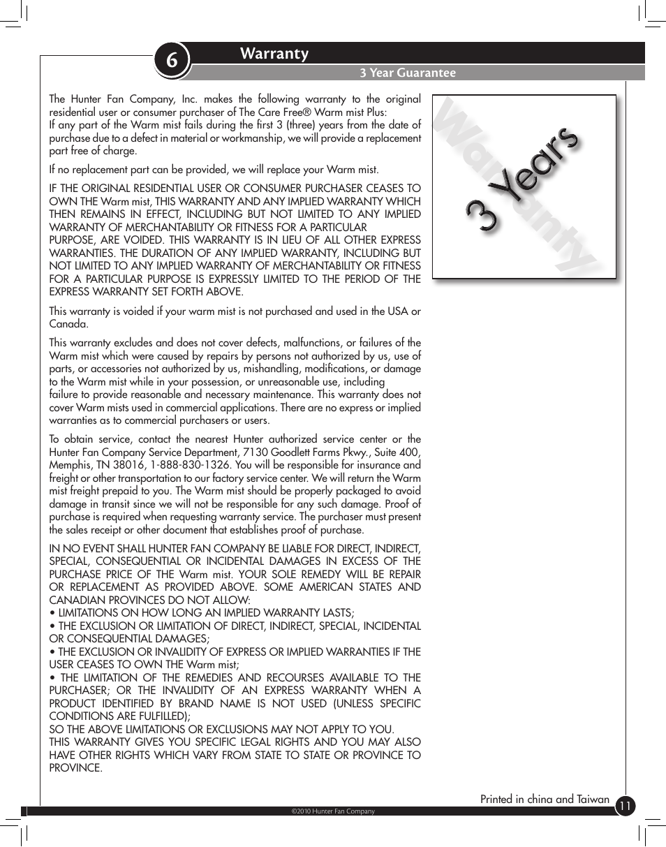 Warranty, 3 year guarantee | Hunter Fan WARM MIST 35216 User Manual | Page 11 / 12