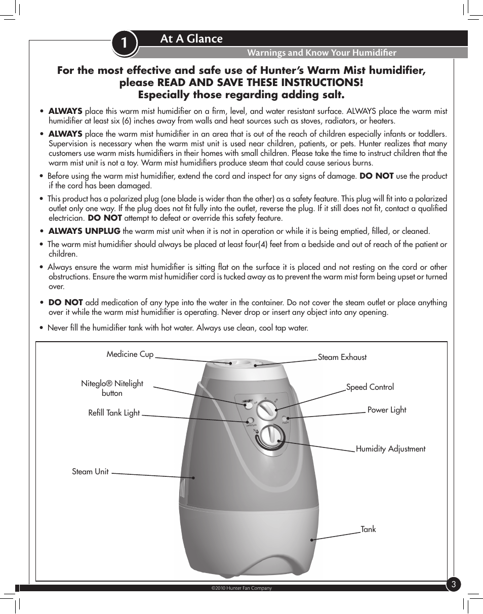 At a glance, Warnings and know your humidifier | Hunter Fan WARM MIST 35216 User Manual | Page 3 / 12