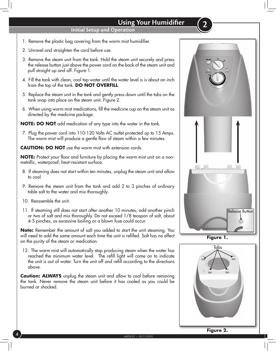 Using your humidifier, Initial setup and operation | Hunter Fan WARM MIST 35216 User Manual | Page 4 / 12