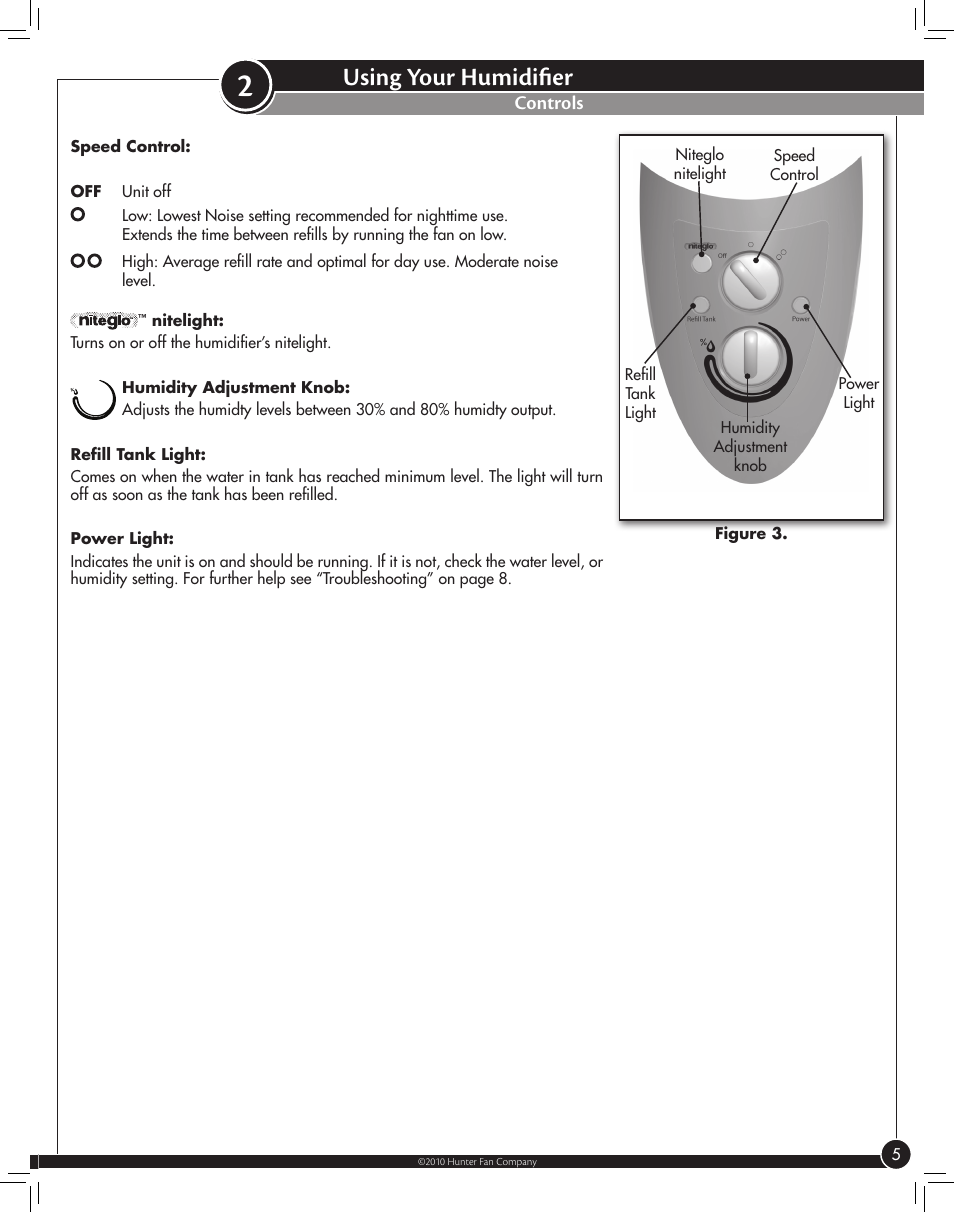 Using your humidifier, Controls | Hunter Fan WARM MIST 35216 User Manual | Page 5 / 12