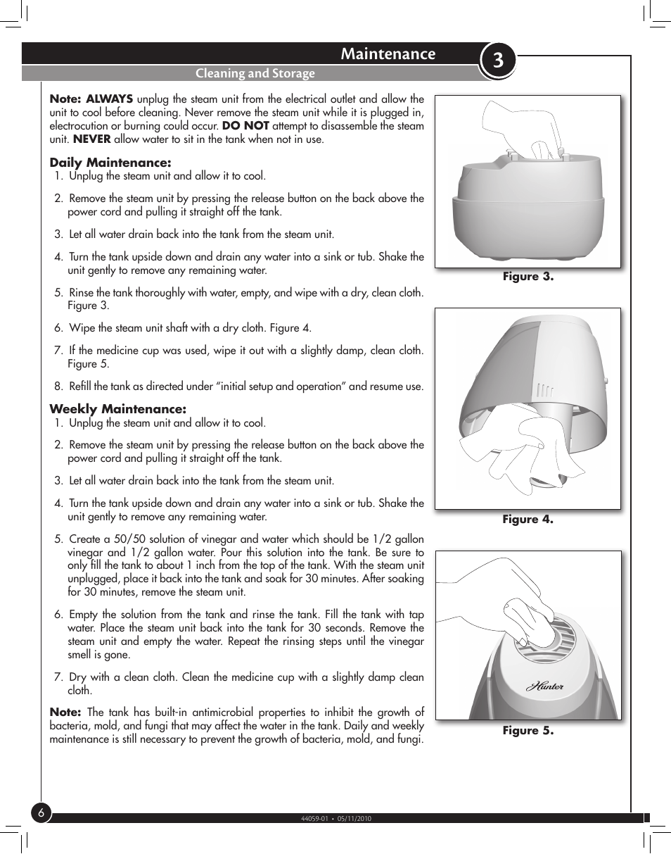 Maintenance, Cleaning and storage | Hunter Fan WARM MIST 35216 User Manual | Page 6 / 12