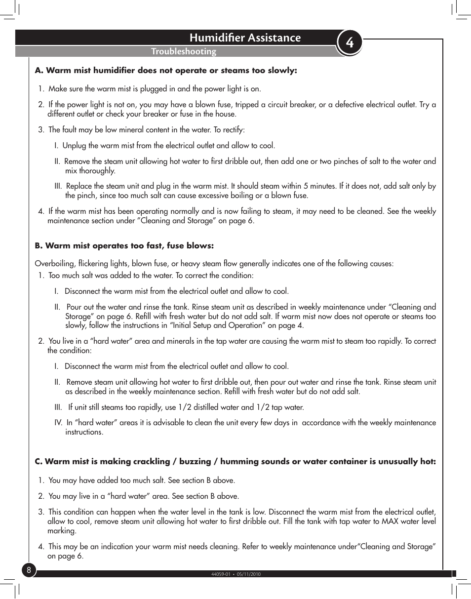 Humidifier assistance, Troubleshooting | Hunter Fan WARM MIST 35216 User Manual | Page 8 / 12