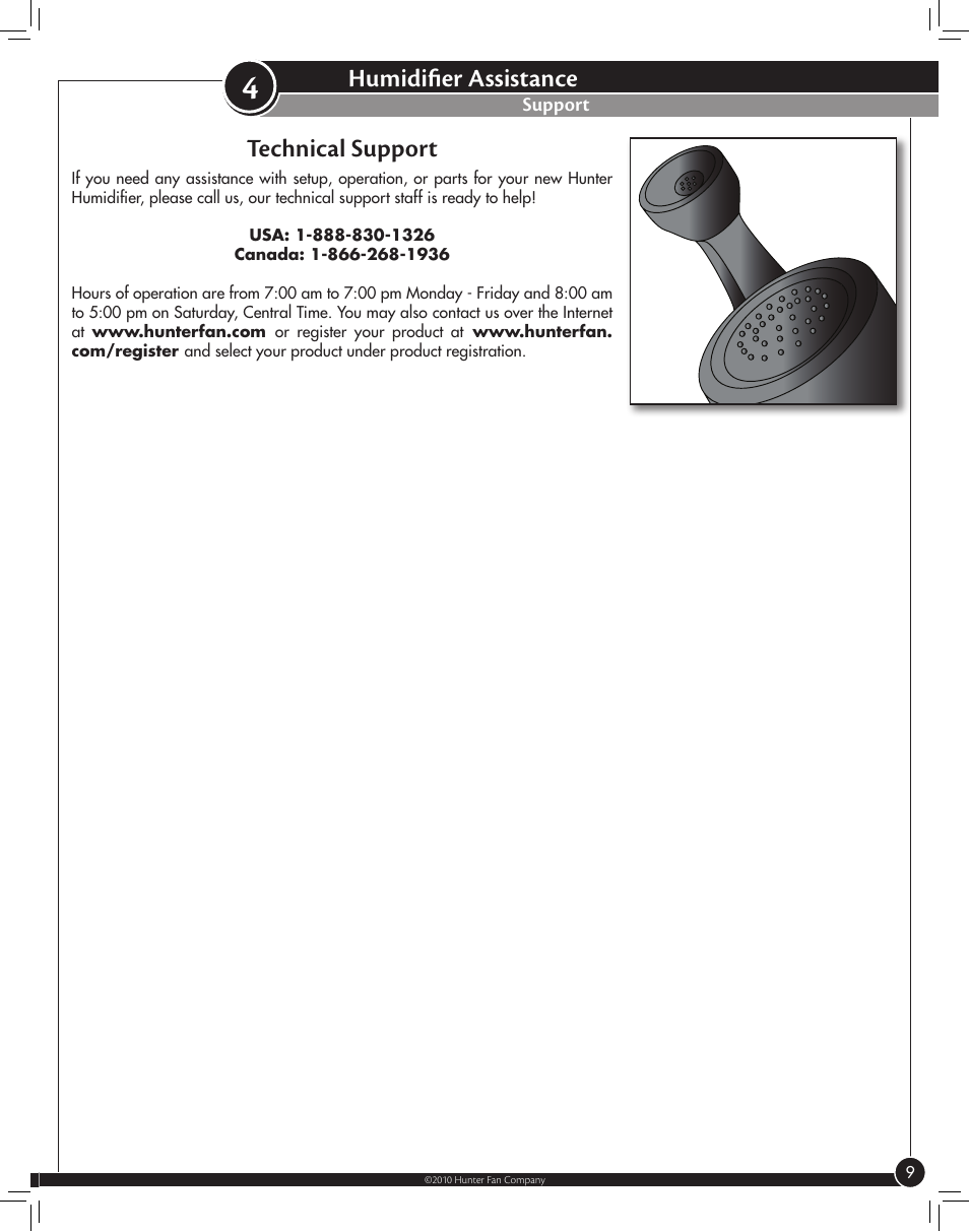Support, Humidifier assistance, Technical support | Hunter Fan WARM MIST 35216 User Manual | Page 9 / 12