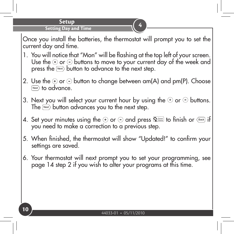 Setup, Setting day and time | Hunter Fan 44033-01 44277 User Manual | Page 10 / 37