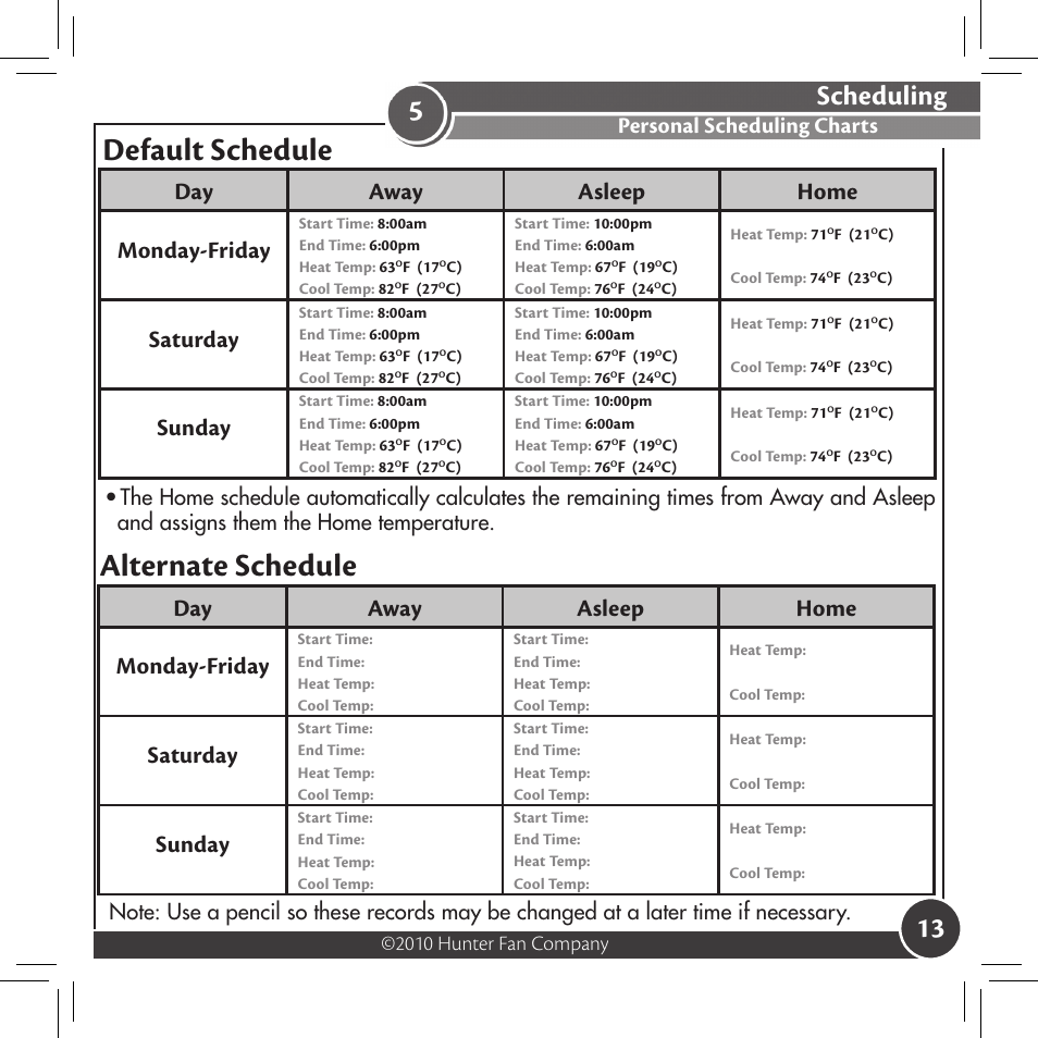 Default schedule, Alternate schedule, Scheduling | Day away asleep home monday-friday, Saturday, Sunday, Personal scheduling charts, 2010 hunter fan company | Hunter Fan 44033-01 44277 User Manual | Page 13 / 37