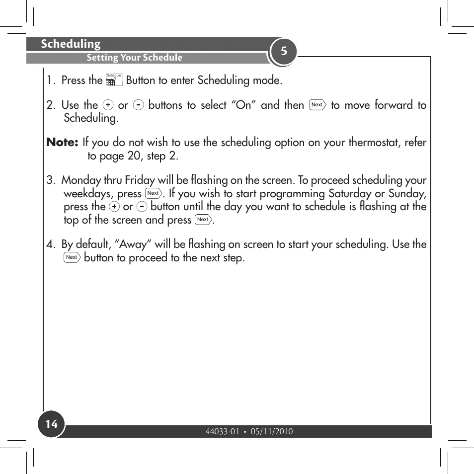 Setting your schedule, Scheduling | Hunter Fan 44033-01 44277 User Manual | Page 14 / 37