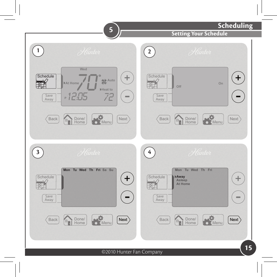 Scheduling, Setting your schedule, 2010 hunter fan company | Hunter Fan 44033-01 44277 User Manual | Page 15 / 37