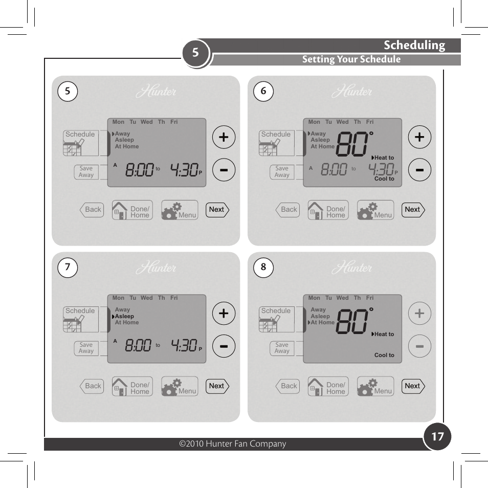 Scheduling, Setting your schedule, 2010 hunter fan company | Hunter Fan 44033-01 44277 User Manual | Page 17 / 37