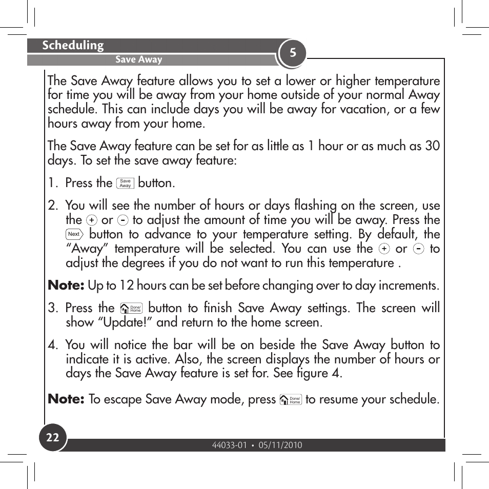Save away, Scheduling | Hunter Fan 44033-01 44277 User Manual | Page 22 / 37