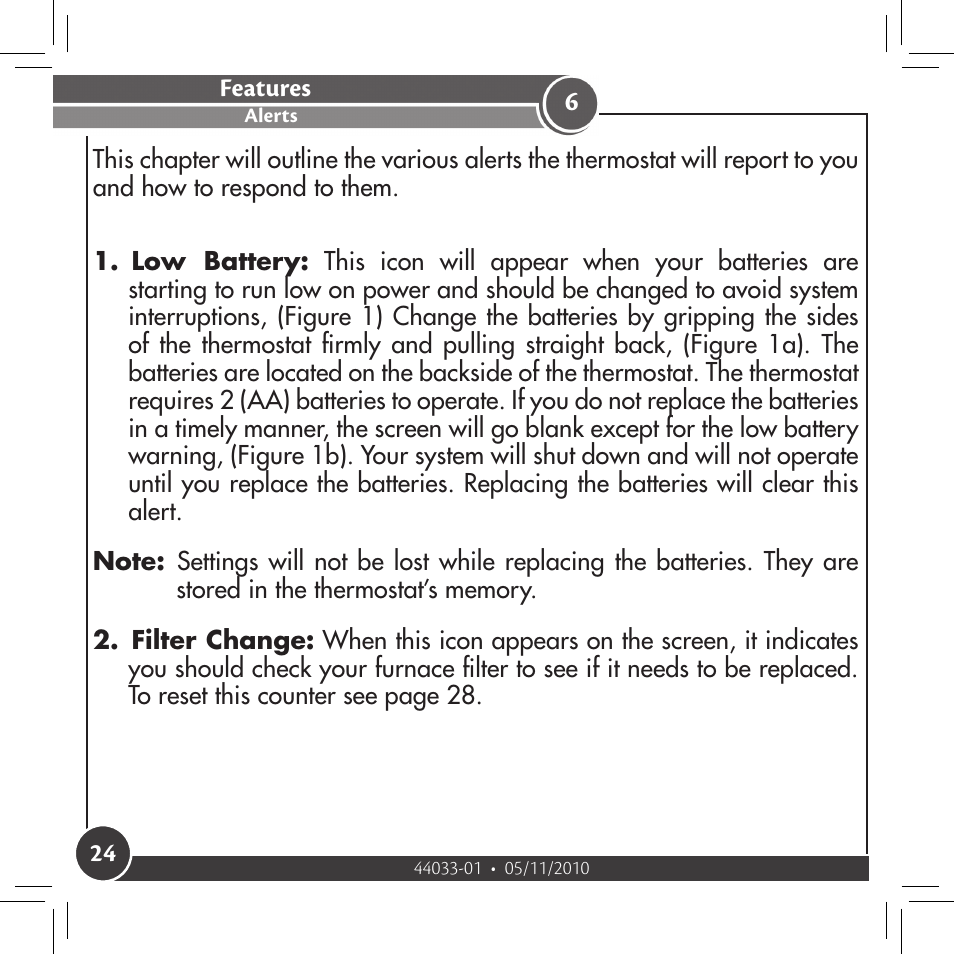 Features, Alerts | Hunter Fan 44033-01 44277 User Manual | Page 24 / 37