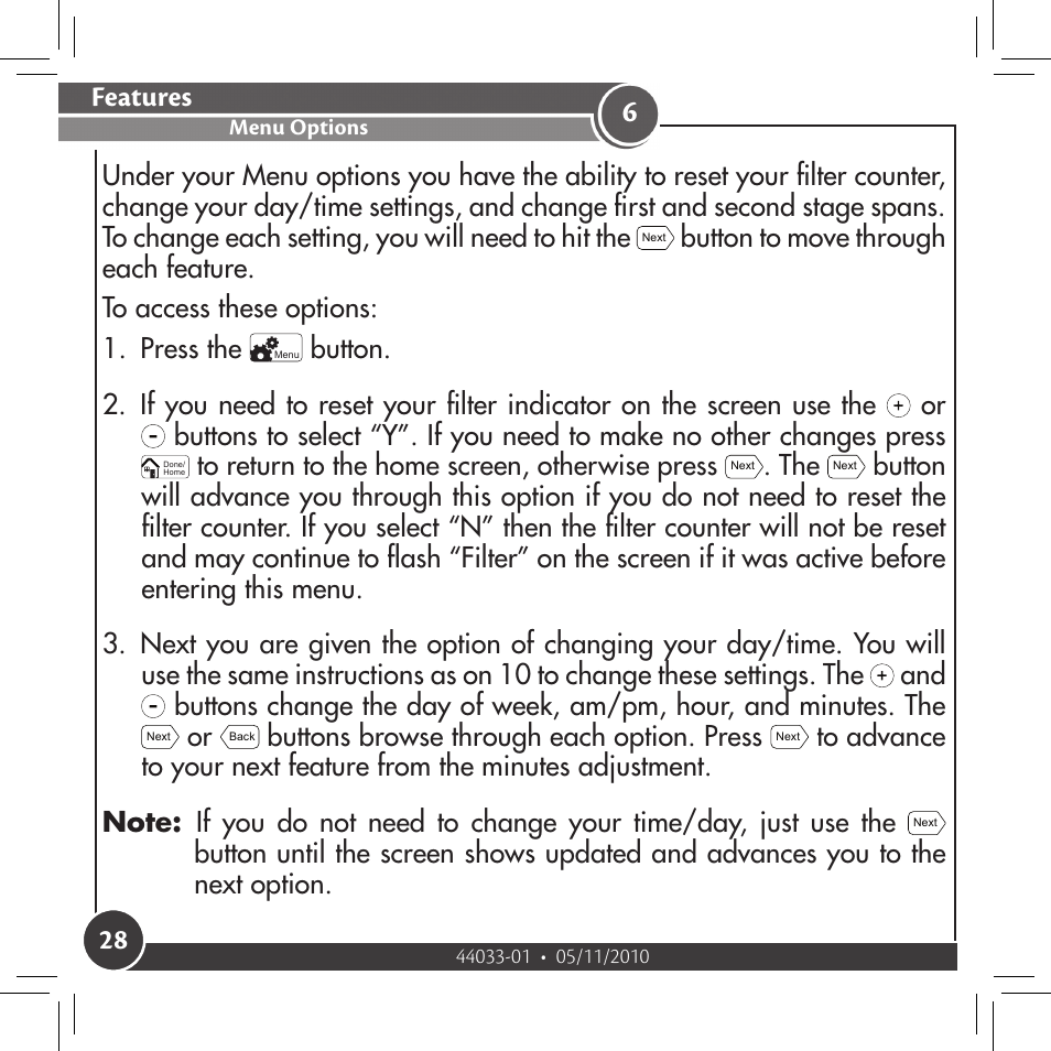 Menu options, Features, Buttons browse through each option. press | Hunter Fan 44033-01 44277 User Manual | Page 28 / 37