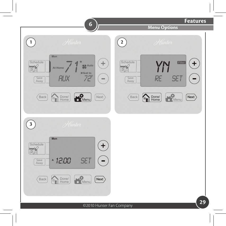 Re set, Features, Menu options | Hunter Fan 44033-01 44277 User Manual | Page 29 / 37
