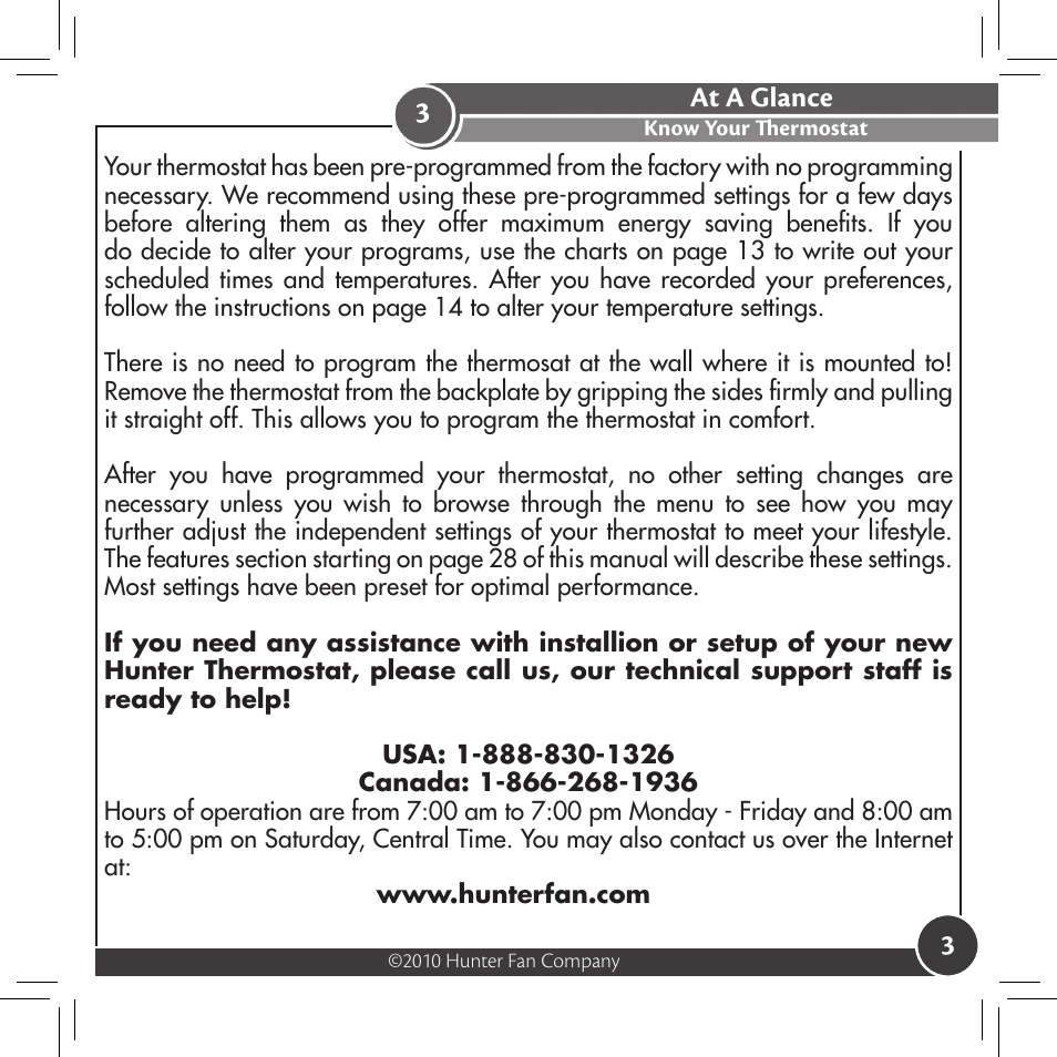 At a glance, Know your thermostat | Hunter Fan 44033-01 44277 User Manual | Page 3 / 37