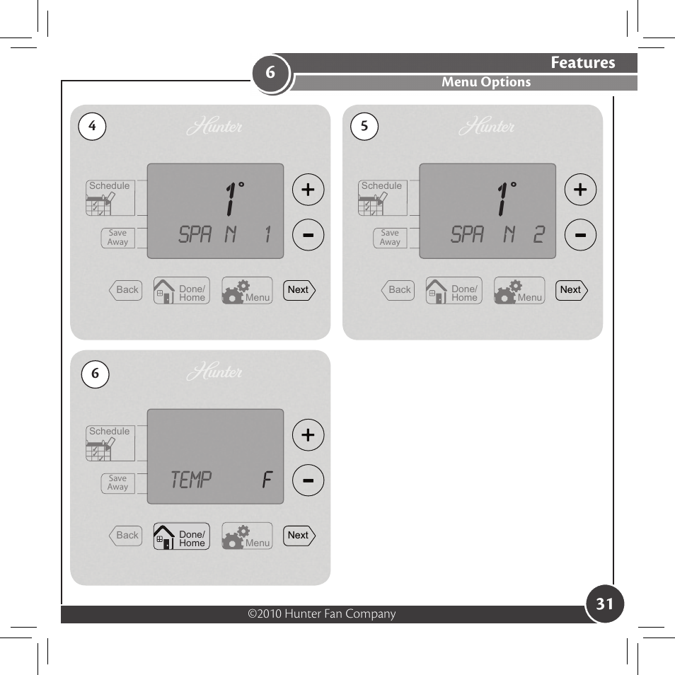 Spa n 1, Spa n 2, Temp f | Features, Menu options | Hunter Fan 44033-01 44277 User Manual | Page 31 / 37
