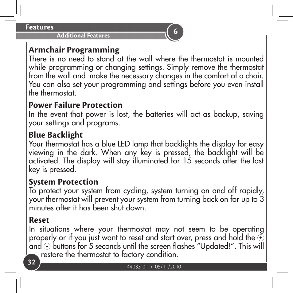 Additional features, Armchair programming, Blue backlight | Power failure protection, System protection, Reset | Hunter Fan 44033-01 44277 User Manual | Page 32 / 37