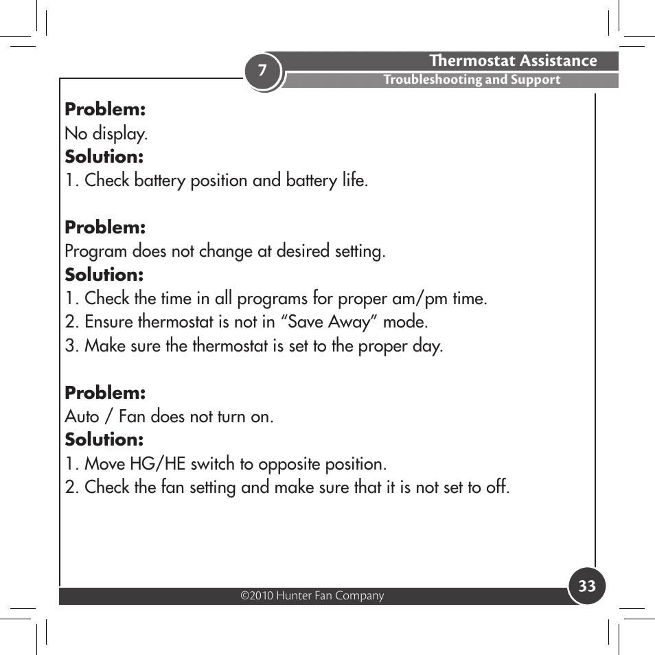 Thermostat assistance, Troubleshooting and support | Hunter Fan 44033-01 44277 User Manual | Page 33 / 37