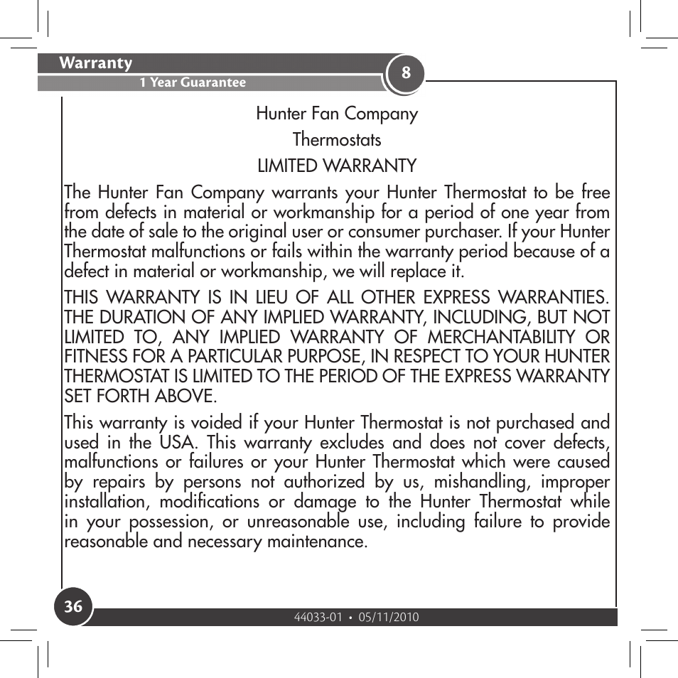 Warranty, 1 year guarantee | Hunter Fan 44033-01 44277 User Manual | Page 36 / 37